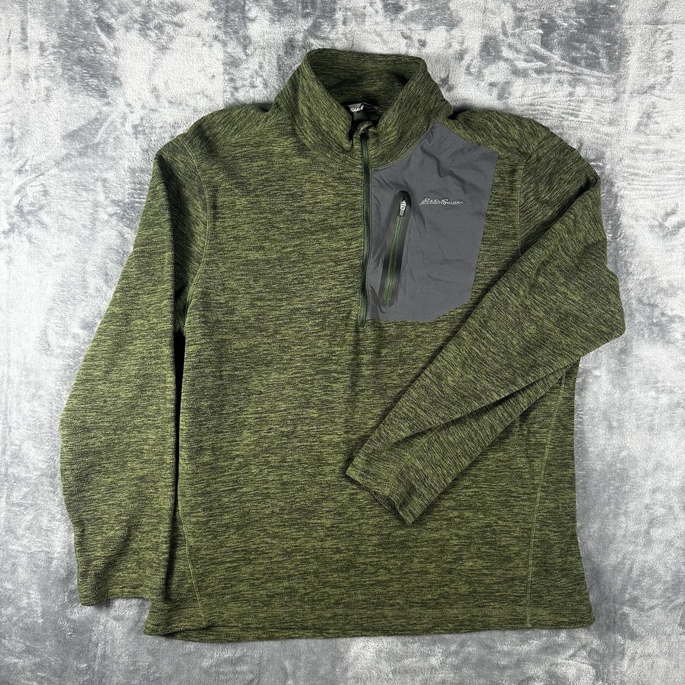 Eddie Bauer Quarter Zip Pullover Men's Large Green Heathered Fleece Jacket - Picture 1 of 16